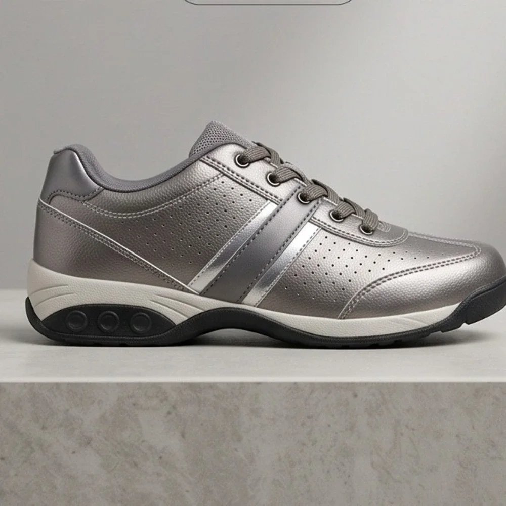 Therafit‎ Womens 7 Pewter Leather Walking Shoes C403121C Metallic Sneakers